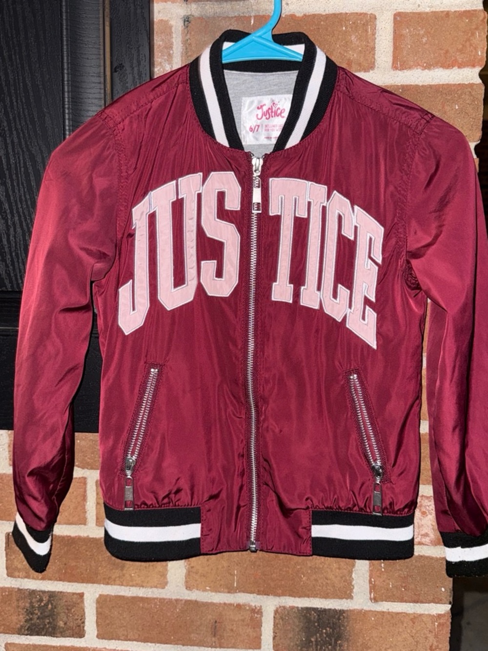 Justice Maroon Bomber Jacket with Pink Lettering